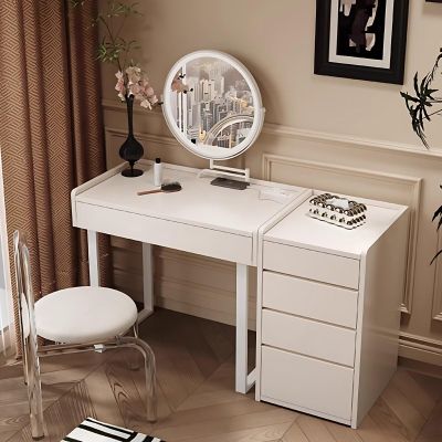 LPP-AHW Solid Wood Makeup Vanity - Luxury Vanity Desk with 5 Drawers and 360  Telescopic Rod LED Mirror, Modern Dressing Table Include Makeup Chair for Bedroom (White,31.5'')