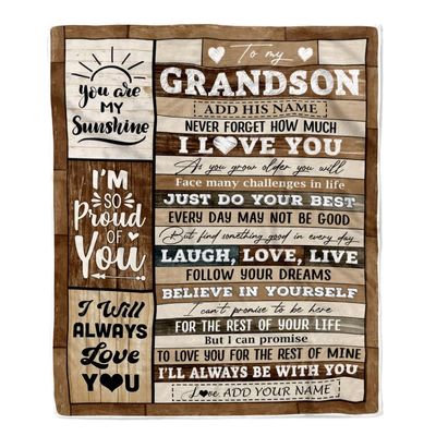 TeesReal Personalized Gifts for Grandson from Grandma Grandpa Blanket Wood Love You Fathers Day Grandson Gifts Birthday Graduation Christmas Customized Fleece Blanket (60 x 80 in Adult Size)