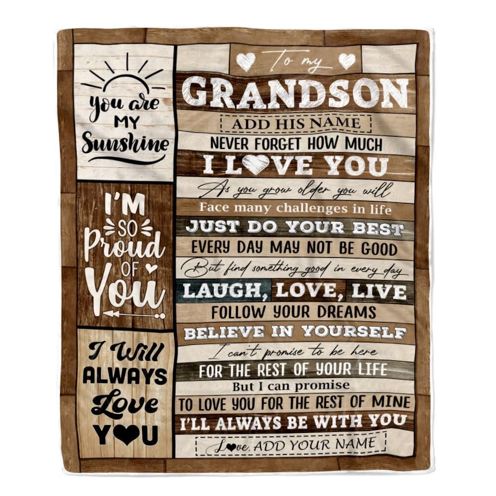 TeesReal Personalized Gifts for Grandson from Grandma Grandpa Blanket Wood Love You Fathers Day Grandson Gifts Birthday Graduation Christmas Customized Fleece Blanket (60 x 80 in Adult Size)