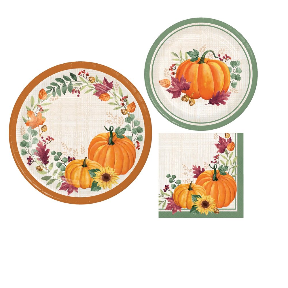 Harvest Wishes Party Supplies | Bundle Includes Paper Plates & Napkins for 8 People | Fall Pumpkins, Sunflowers, Foliage Theme