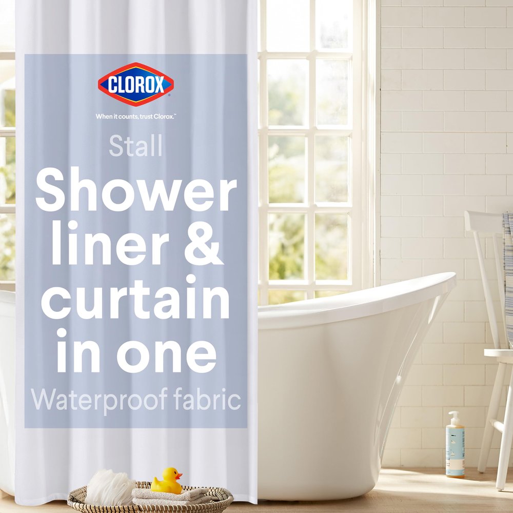 CLOROX 2-in-1 Bathroom Shower Curtain Liner, Durable Fabric, Weighted Magnets for Bath Water Control, Washable Premium Quality, Modern - 54" x 78" White