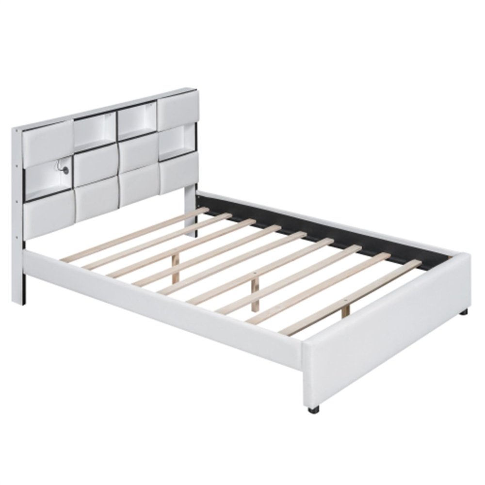 CIGEGE Full Size Upholstered Platform Bed with LED, Storage and USB in Headboard, Beige