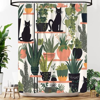 YOZSLGU Plants and Cat Shower Curtain Black Kitty Boho Potted Green Cactus Leaf Succulents Abstract Fabric Bathroom Decor Curtains with Hooks, 70" Wx75 H