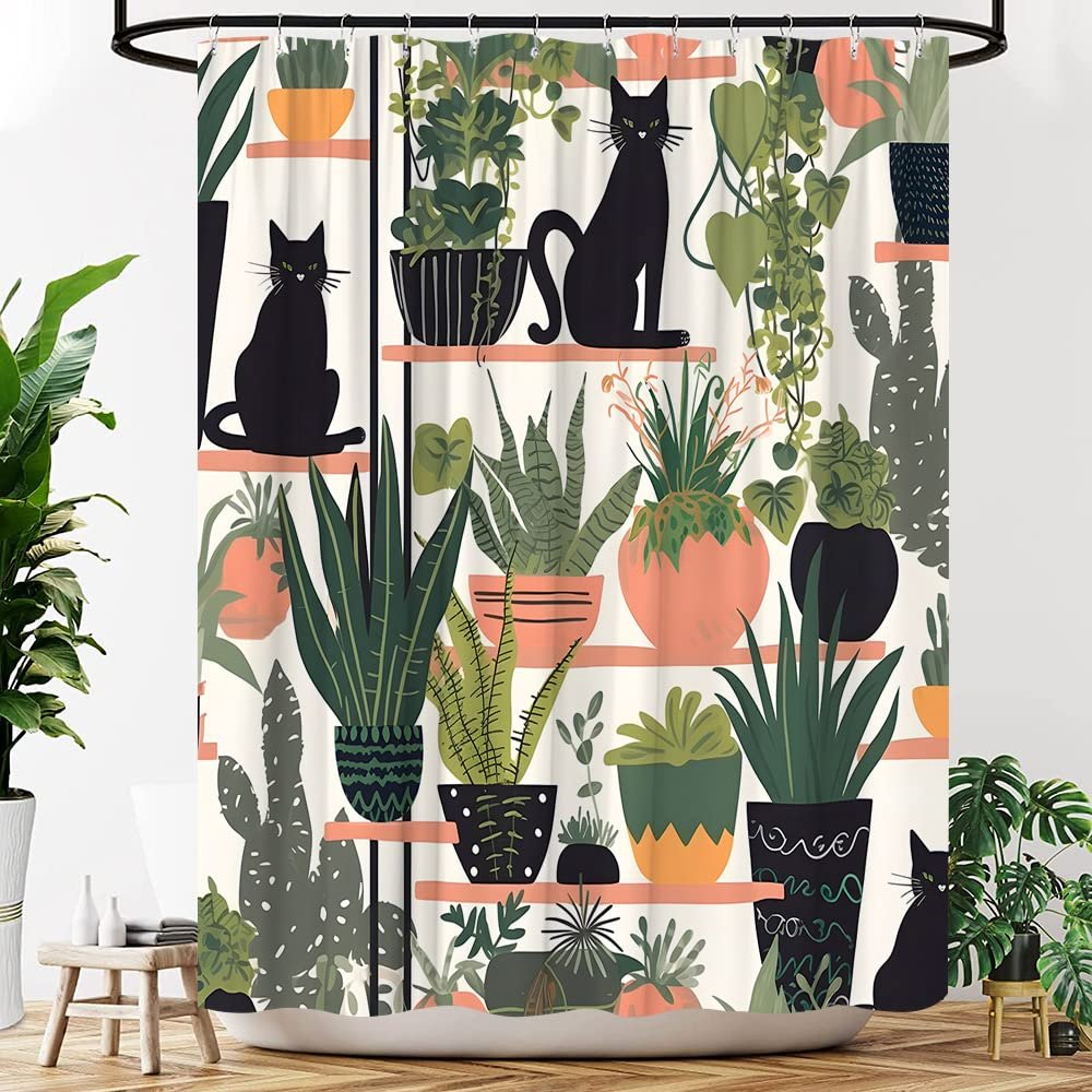 YOZSLGU Plants and Cat Shower Curtain Black Kitty Boho Potted Green Cactus Leaf Succulents Abstract Fabric Bathroom Decor Curtains with Hooks, 70" Wx75 H