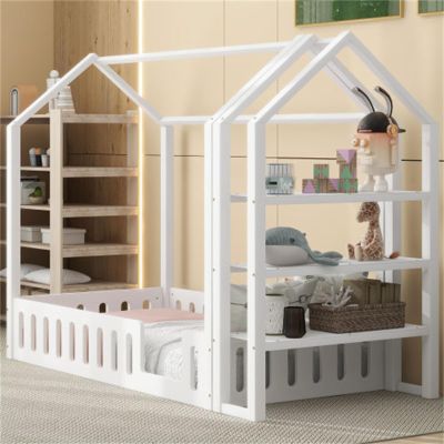 CIGEGE Wooden Simple Double Cabin Bed with Fence, Removable Side Shelf, White