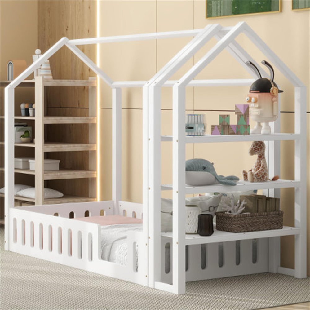 CIGEGE Wooden Simple Double Cabin Bed with Fence, Removable Side Shelf, White
