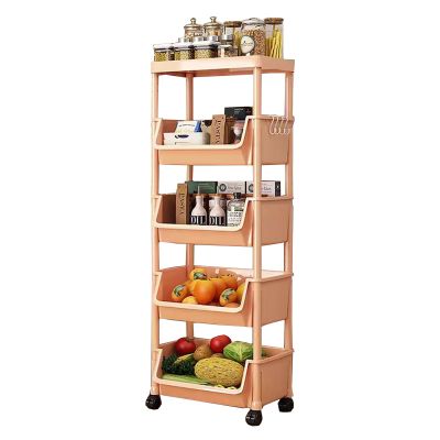 VXHCS Storage Cart, Multifunction Kitchen Storage Organizer, Mobile Shelving Unit Utility Rolling Cart for Bathroom, Laundry, Living Room(Pink,Five Ayer Storage Rack)