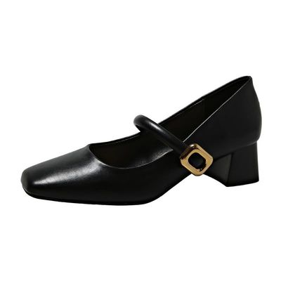 YEGBFLFF Women's Low Block Chunky Heels Sandals Square Toe Strappy Buckle Heeled Sandal Vintage Heeled Shoes for Women (Black,5)