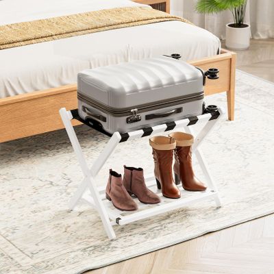 SpaceAid Fully Assembled Luggage Rack 1 Pack, Bamboo Foldable Suitcase Stand for Guest Room, Heavy Duty Folding Luggage Holder with Storage Shelf for Bedroom and Hotel, White