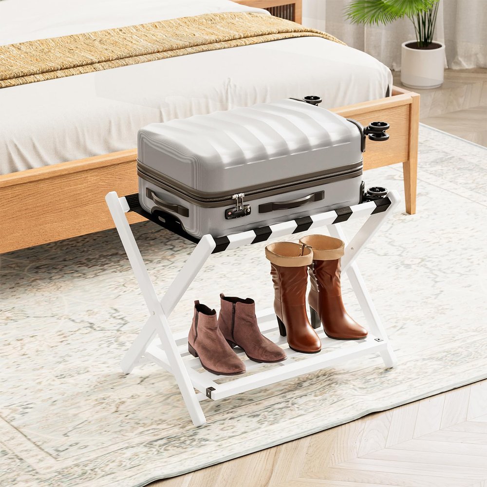SpaceAid Fully Assembled Luggage Rack 1 Pack, Bamboo Foldable Suitcase Stand for Guest Room, Heavy Duty Folding Luggage Holder with Storage Shelf for Bedroom and Hotel, White