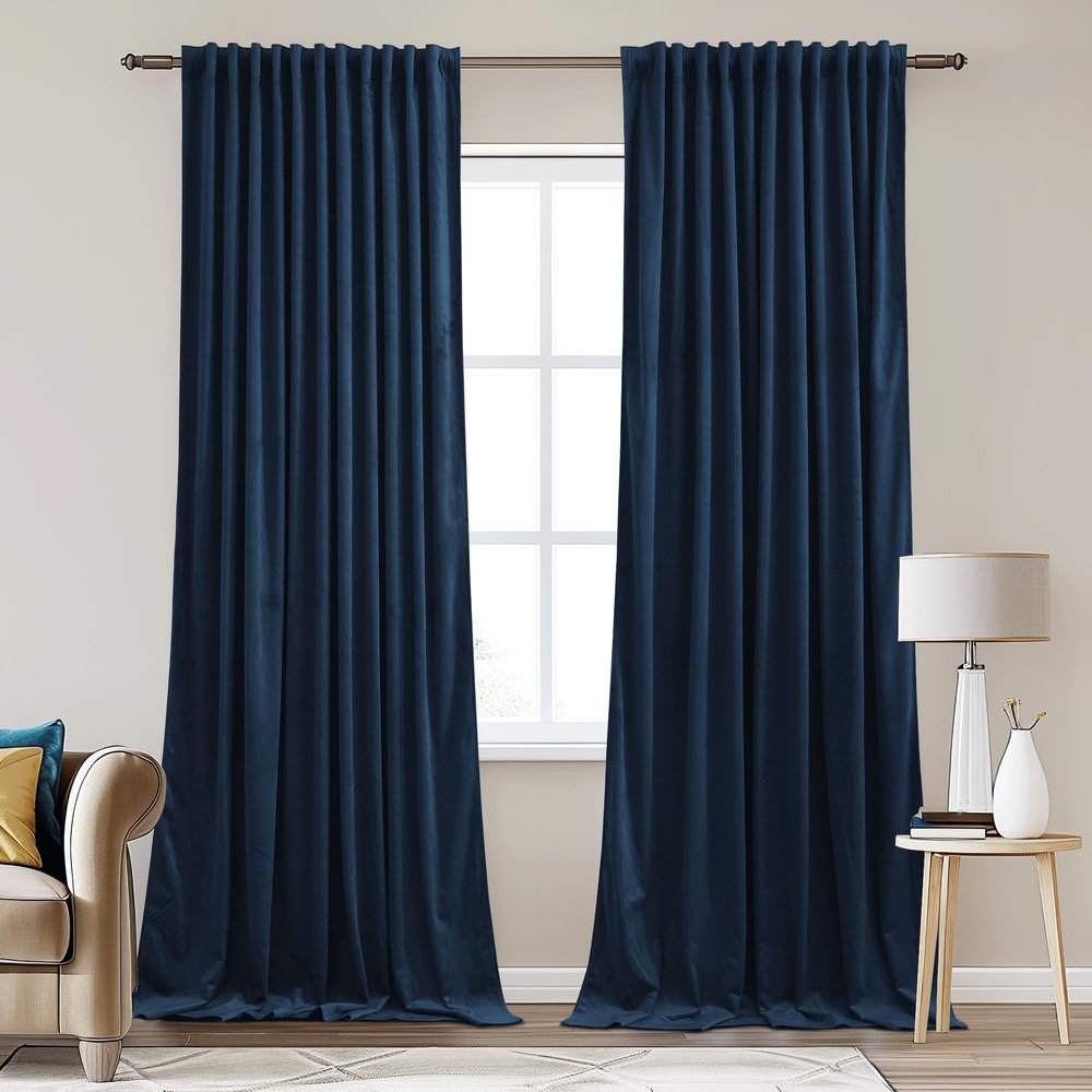 StangH Navy Blue Velvet Blackout Curtains 90 inches Long, Back Tab Privacy Sliding Door Drapes Thermal Insulated Noise Reducing Window Drapes for Living Room, W62 x L90, 2 Panels
