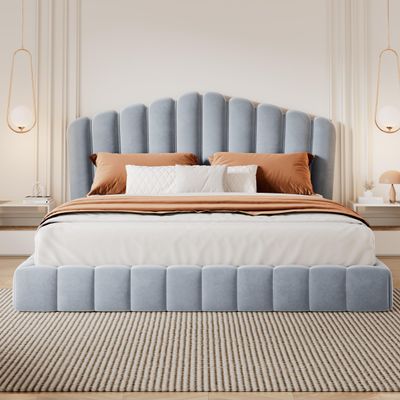 Harper & Bright Designs Queen Bed Velvet Upholstered Floor Bed Frame for Boys Girls Kids Adults Toddler Shell-Shaped Headboard for Bedroom,No Box Spring Needed,Light Blue