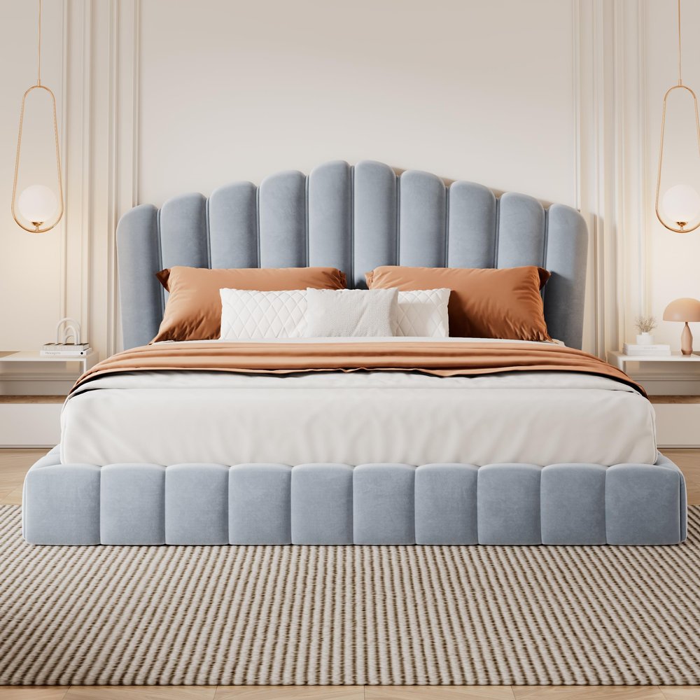 Harper & Bright Designs Queen Bed Velvet Upholstered Floor Bed Frame for Boys Girls Kids Adults Toddler Shell-Shaped Headboard for Bedroom,No Box Spring Needed,Light Blue