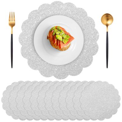 120 Pcs Silver Glitter Paper Placemats, 13.5 Inch Scalloped Disposable Placemat Round Sparkle Table Place Mats Decorative Paper for Birthday Wedding Banquet Party