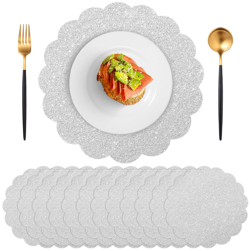 120 Pcs Silver Glitter Paper Placemats, 13.5 Inch Scalloped Disposable Placemat Round Sparkle Table Place Mats Decorative Paper for Birthday Wedding Banquet Party