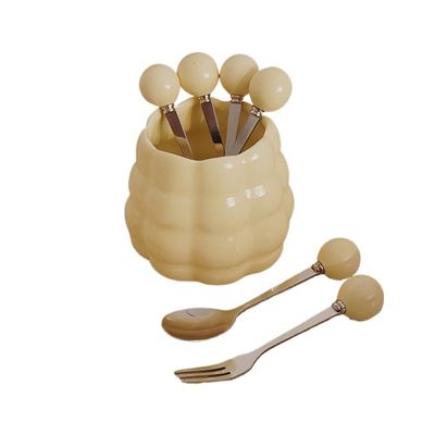 (6 Pieces) Ceramic Pearl Spoon Fork Jar Set Fruit Fork Dessert Cake Coffee Tea Spoon (Cream yellow)