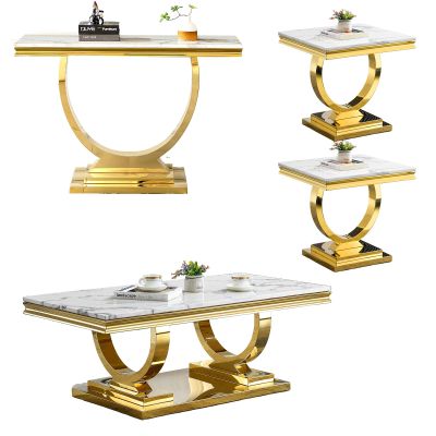 4-Piece Living Room Table Set, Modern Coffee Table with 1 Console Table & 2 End Tables Set for Apartment, Luxury Faux Marble Coffee Table Sets Perfect for Living Room, Stainless Steel Frame