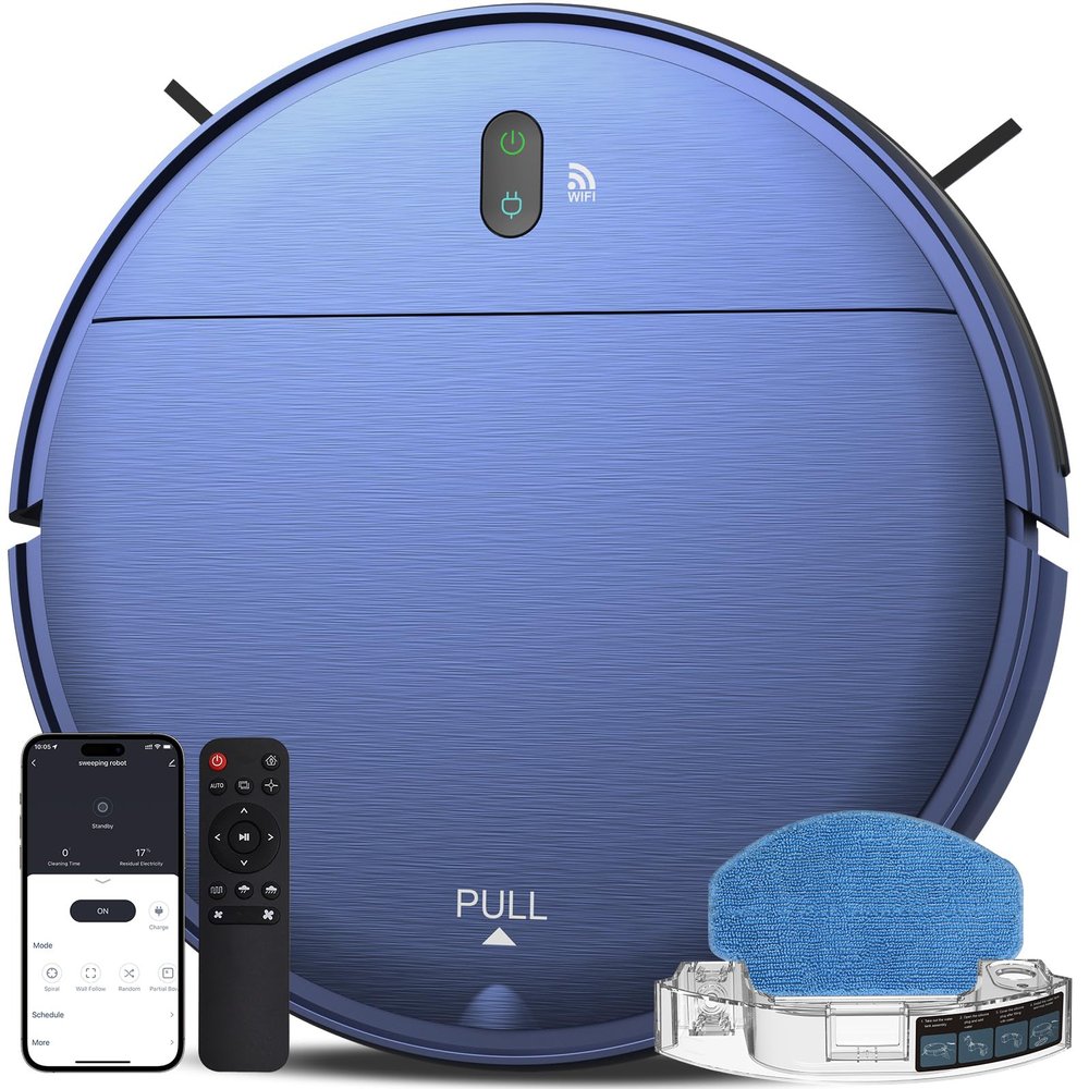 ZCWA Robot Vacuum and Mop, 2 in 1 Robot Vacuum Self-Charging Robot Vacuum Cleaner Compatible with WiFi/APP, Ideal for Hard Floor, Carpet and Pet Hair, Blue