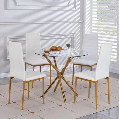 DZOVAD 5-Piece Round Dining Set, Kitchen Table Chairs Set of 4 for Kitchen & Dining Room, Dinette, Space-Saving with Glass Table Top, 4 Upholstered Leather Chairs, Gold/White, 4 Legs