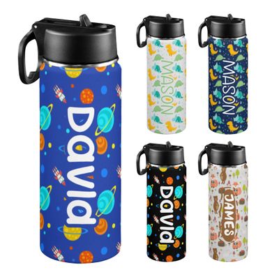 Artiglow Personalized Water Bottle for Kids for School, Customized Kids Insulated Bottle with Name for Boys Girls, Stainless Steel Thermo with Straw, 18oz, Back to School Supply, Dinosaur, Space