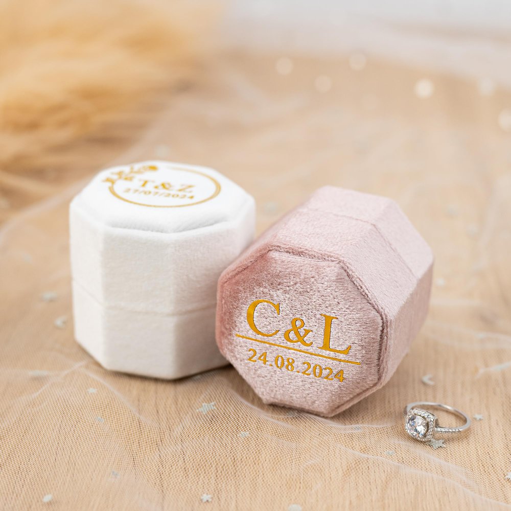 Fornixe Custom Velvet Ring Box 3 Slots Custom Initials and Date Ring Box Personalized Pink Ring Box Custom Wedding Ring Box 3 Slots Jewelry Ring Box