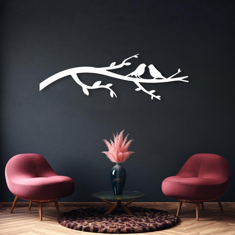 Aportif Birds on Branch Metal Wall Decor, Metal Tree Branch Wall Decor, Birds Art, Living Room Art (White, 53x17 in / 135x97 cm)