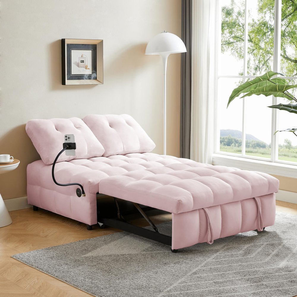 3 in 1 Convertible Sleeper Sofa Bed, Multi-Functional Velvet Sleeper Couch Pull-Out Bed, Pink Modern Upholstered Loveseat Sleeper Sofa for Living Room, Small Space(Independently removable backrest)