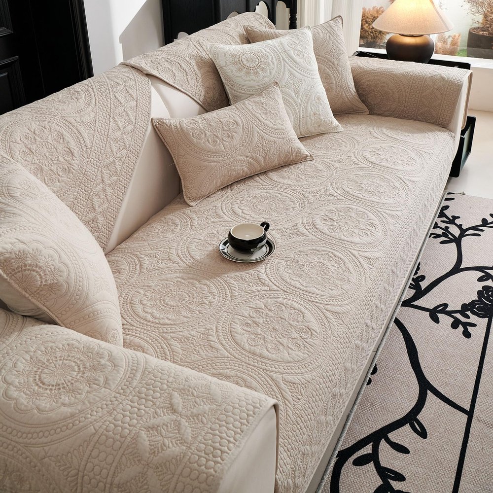 vctops Boho Geometric Embroidery Couch Cover Soft Cotton Quilted Anti Slip Sectional Couch Covers Washable Sofa Slipcover for Dogs, Children, Pets Furniture Protector (Khaki,36"x94")