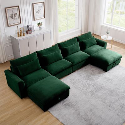 LyuHome 4-Seat Sectional Sofa Couch for Living Room,U-Shaped Couch with 2 Storage Ottoman Footstool, Deep Seat Couches with 4 Waist Pillows,Modern Comfy Sofa for Apartment Office,Corduroy Fabric,Green