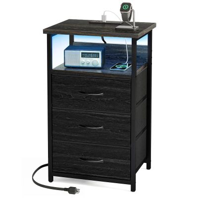 Fixwal Night Stand with Charging Station, LED Nightstand with Fabric Drawers, End Table with PU Finish, Bed Side Table, Black Oak