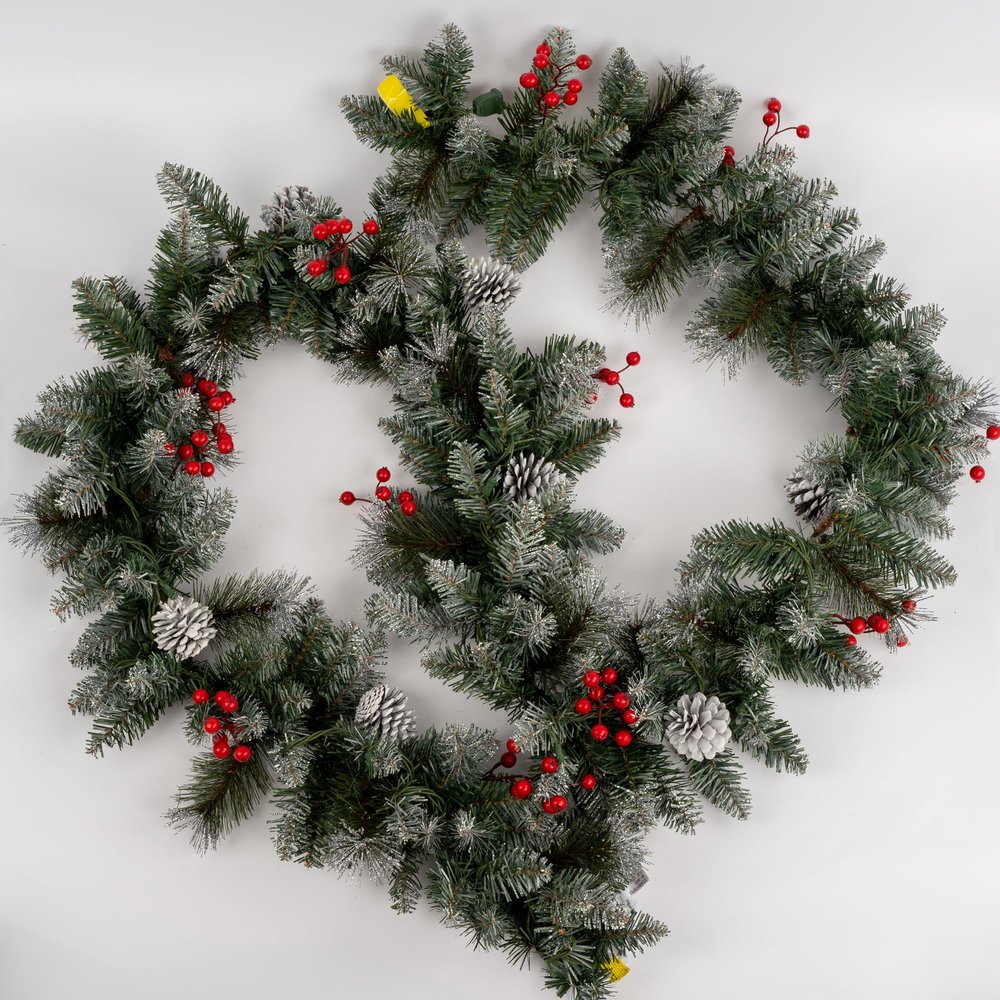 CRSMATTS Pre-Lit Artificial Christmas Garland, Snowflake Garland, White Lights 50, Decorated with Pine Cones, Berry Clusters, Plug in, Christmas Decorations, 9 Feet