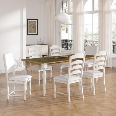 Brabrety Vintage Traditional 7-Piece 82.7inch Extendable Dining Table Set with 23.6inch Removable Leaf, 4 Serrated Back Chairs and 2 Upholstered Back Dining Chairs for 6 (Cream+Brown#058)
