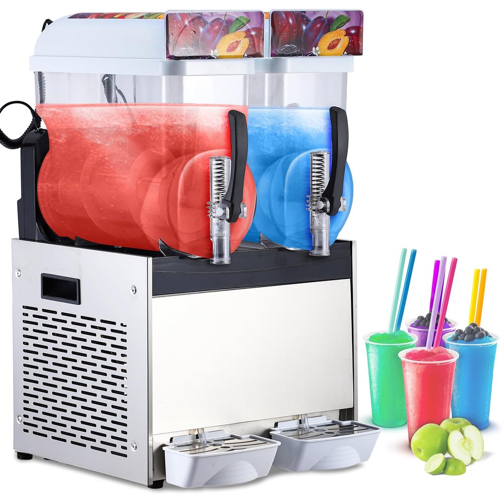 GarveeTech Commercial Slushy Machine, 15Lx2 Tank Stainless Steel Slushie Machine Double Tank, Frozen Drink Maker, Temperature Preservation, Stainless Steel Margarita Wine Smoothies Maker, White