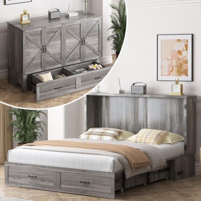 ADOWORE Queen Size Murphy Bed with Large Storage Drawer & Charging Station, Hideaway Full Foldable Platform Bed for Home Office or Guest Bedroom, Living Room,Grey