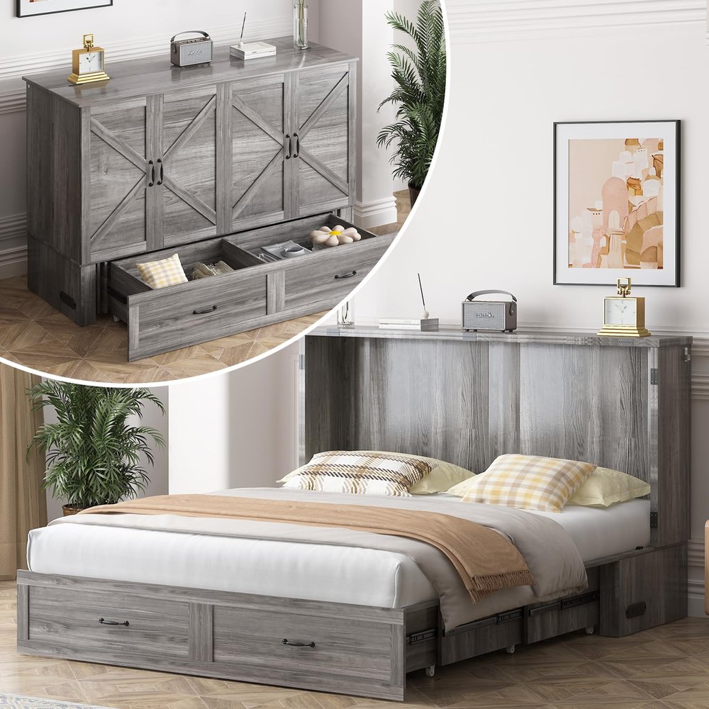 ADOWORE Queen Size Murphy Bed with Large Storage Drawer & Charging Station, Hideaway Full Foldable Platform Bed for Home Office or Guest Bedroom, Living Room,Grey