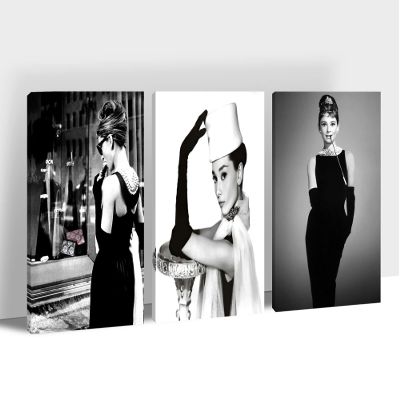 3 Panels Audrey Hepburn Wall Art Framed - Black and White Audrey Hepburn Poster Framed Wall Decor, Vogue Wall Art Audrey Hepburn Pictures for Women's Room Ready To Hang 16x24''x3pcs