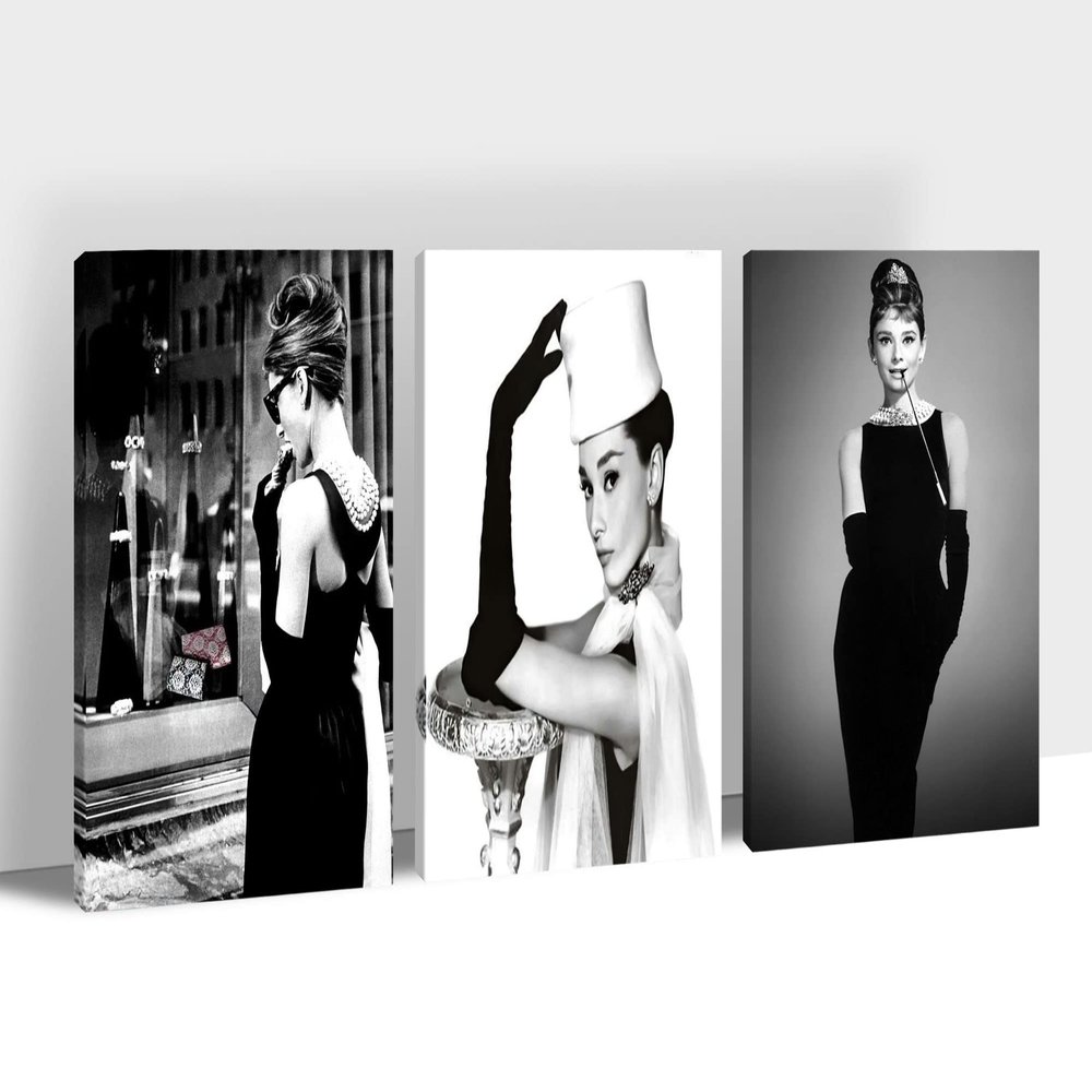 3 Panels Audrey Hepburn Wall Art Framed - Black and White Audrey Hepburn Poster Framed Wall Decor, Vogue Wall Art Audrey Hepburn Pictures for Women's Room Ready To Hang 16x24''x3pcs