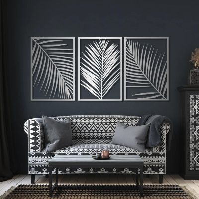 Gasijet Metal Palm Leaves Wall Decor, Metal Leaves Wall Decor, Palm Leaf Art, Line Art Nature Plant Wall Art, Set of 3, Wall Decorations for Living Room, Bedroom (Silver, 66 x 31 in / 165 x 80cm)