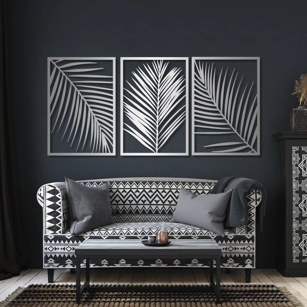 Gasijet Metal Palm Leaves Wall Decor, Metal Leaves Wall Decor, Palm Leaf Art, Line Art Nature Plant Wall Art, Set of 3, Wall Decorations for Living Room, Bedroom (Silver, 66 x 31 in / 165 x 80cm)