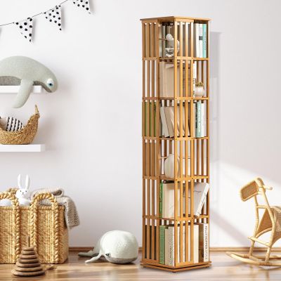 YLANMEI 360 Rotating Wooden Bookshelf, Bookcase, Storage Shelves, Floor Standing, Tall Bookcase, Display Organizer, Storage Cabinet for Living Room, Bedroom, Home,Woodcolor-6Tier