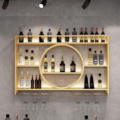 3-Tiers Metal Wine Rack Wall Mounted With LED Light Wall Mounted Wine Rack Wine Glass Rack Iron Bar Liquor Shelf Storage Bar Unit Floating Shelves For Kitchen Living Room Home Decor(Gold,55.1in/140cm)