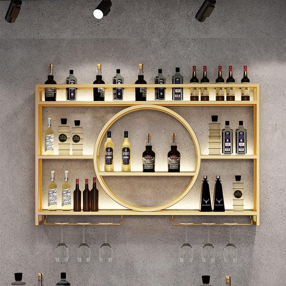 3-Tiers Metal Wine Rack Wall Mounted With LED Light Wall Mounted Wine Rack Wine Glass Rack Iron Bar Liquor Shelf Storage Bar Unit Floating Shelves For Kitchen Living Room Home Decor(Gold,55.1in/140cm)