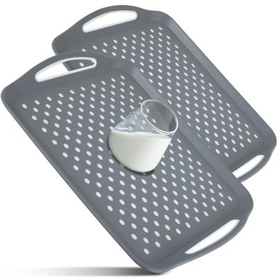 2Pcs Food Serving Tray with Handle, 17.712.6 Inch Non-Slip Plastic Serving Tray, Rectangle Gripping Nubs Food Trays, Shatterproof Dinner Tray, Non-Stick Food Platter Dishwasher Safe for Home Kitchen