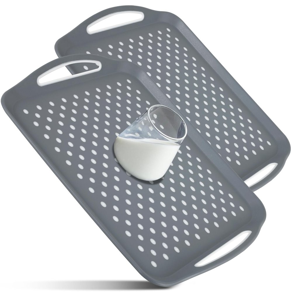 2Pcs Food Serving Tray with Handle, 17.712.6 Inch Non-Slip Plastic Serving Tray, Rectangle Gripping Nubs Food Trays, Shatterproof Dinner Tray, Non-Stick Food Platter Dishwasher Safe for Home Kitchen