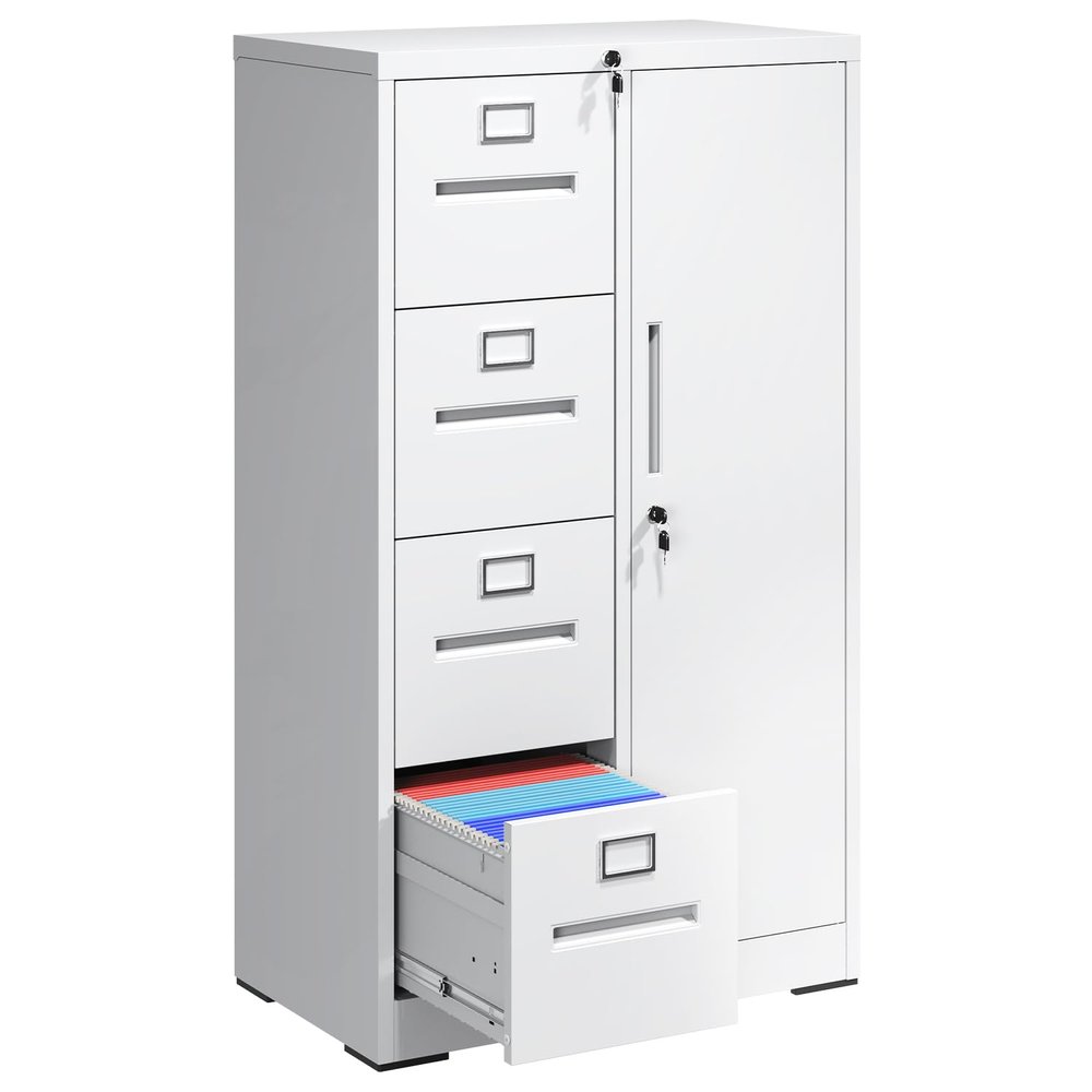 VIYET File Cabinet 4 Drawer, Vertical File Cabinet with Lock and 1 Door, File Cabinet with Storage Shelves for A4 Legal/Letter, Assembly Required (White)