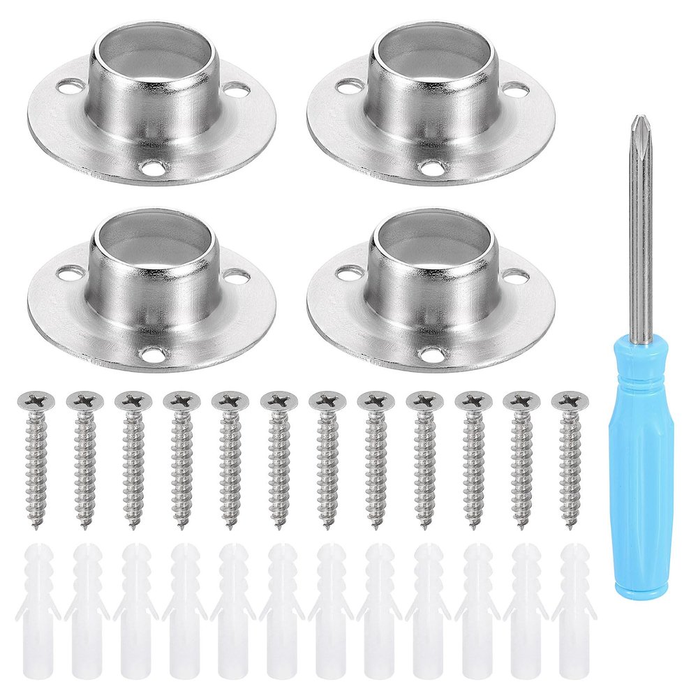 HARFINGTON 4pcs Stainless Steel Closet Rod Holder Set O-Shaped 0.75" Dia Shower Rod Flange Socket Wardrobe Bracket with Screwdriver and Expansion Tube for Closet Shelf Wardrobe Shower Curtain
