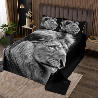 Castle Fairy Wild Lion Bedspread Twin Size,Africa Wildlife Bedding Set for Teens Room Decor,3D Lion Tropical Style Comforter Set Gray Black Quilt Coverlet,2 Pillowcase