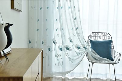 Iuokuby Sheer Curtains Voile Curtain Rod Pocket Pastoral Small Fresh Dragonfly Flower Embroidery Home Decoration Living Room Bedroom Balcony(2 Panels, W 54 x L 90 inch, Blue)