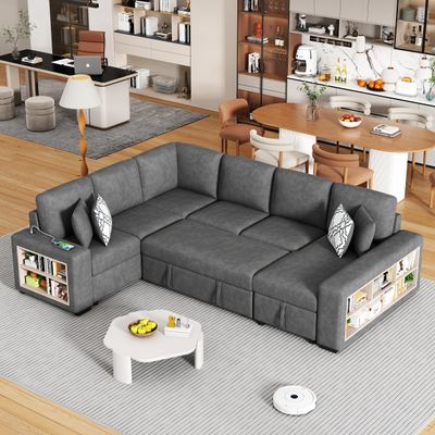 JIVOIT U-Shaped Sectional Sofa with Pull-Out Sofa Bed, a Storage Chaise Lounge, 2-in-1 Convertible Sofa with Four Back Pillows, Storage Shelf, 5 Seat Sectional Sleeper Couch for Living Room (Grey,23)
