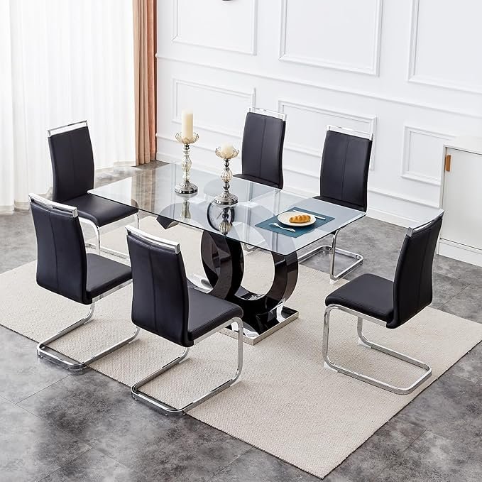 UELKS 63" Modern Rectangular Black Glass Dining Table Set for 6 with 6 PU Leather Chairs
